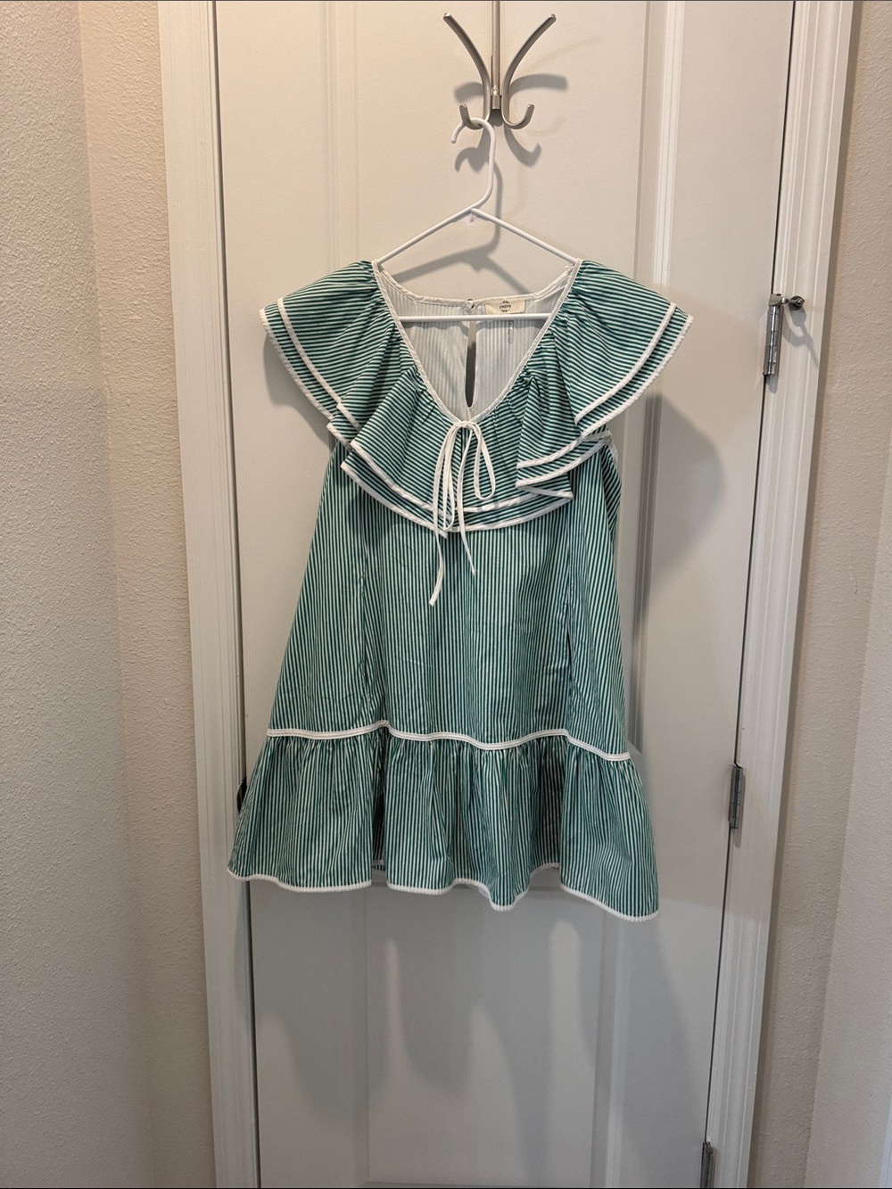 Green and White Striped Ruffle Dress with Tie Detail with Pockets